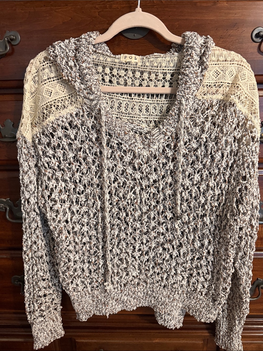 POL Open-Knit Hooded Sweater in Cream and Brown
